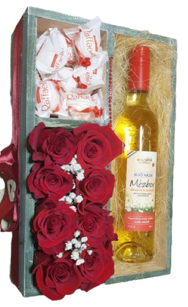 Exkluzív ajándékcsomag, amely 8 szál bordó rózsát, 1 üveg haza mézbort és Raffaello pralinékat tartalmaz. 